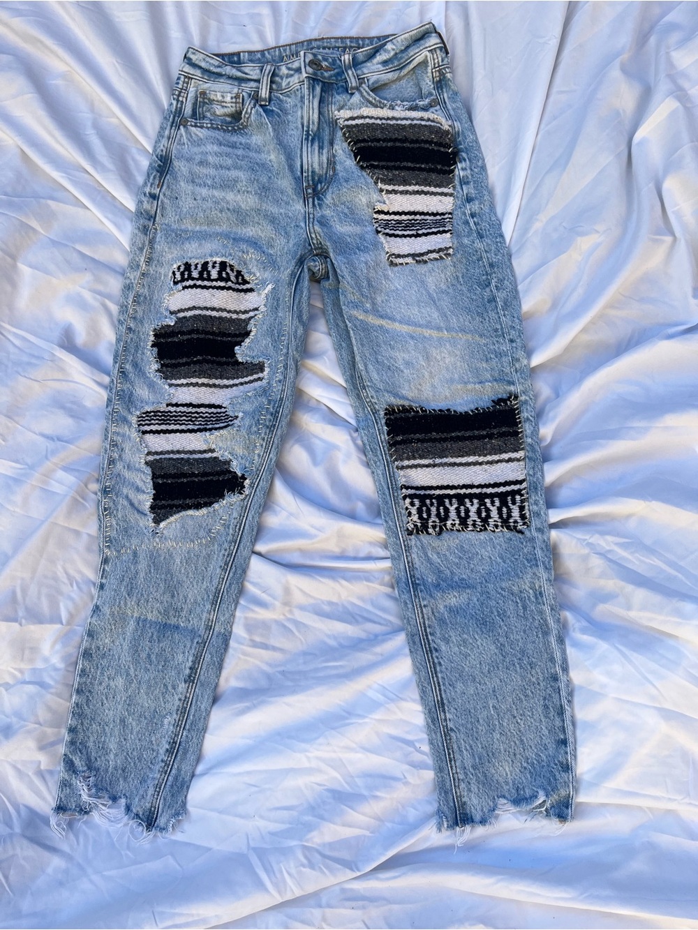 American Eagle OOAK Reworked Serape Patchwork Jeans Distressed Streetwear